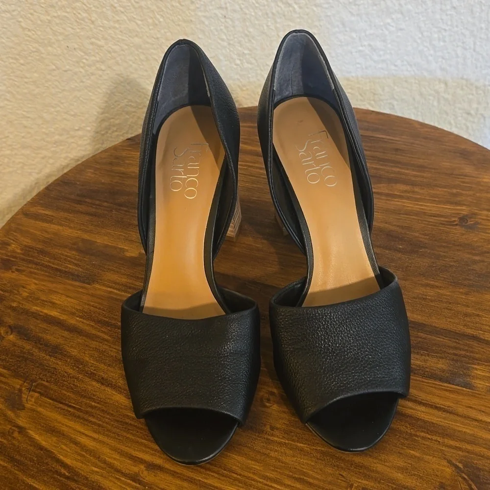 Franco Sarto|Black Pebbled Leather HIGH Block Heel Peep Toe Shoes Sz.7.5